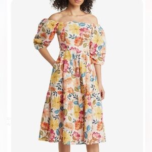 Vince Camuto Floral Off the Shoulder Stretch Cotton Dress NEW